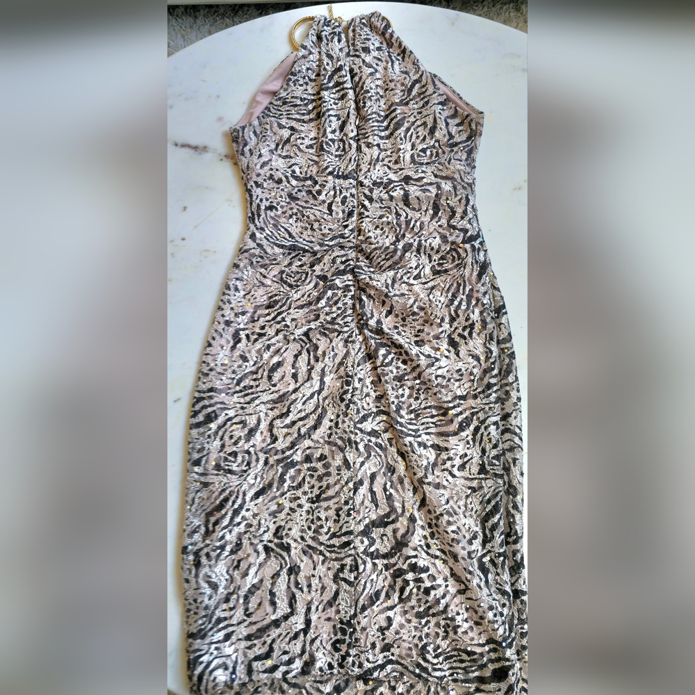 Xscape Lace & Sequin animal print Halter Dress Size 10 - Picture 7 of 13